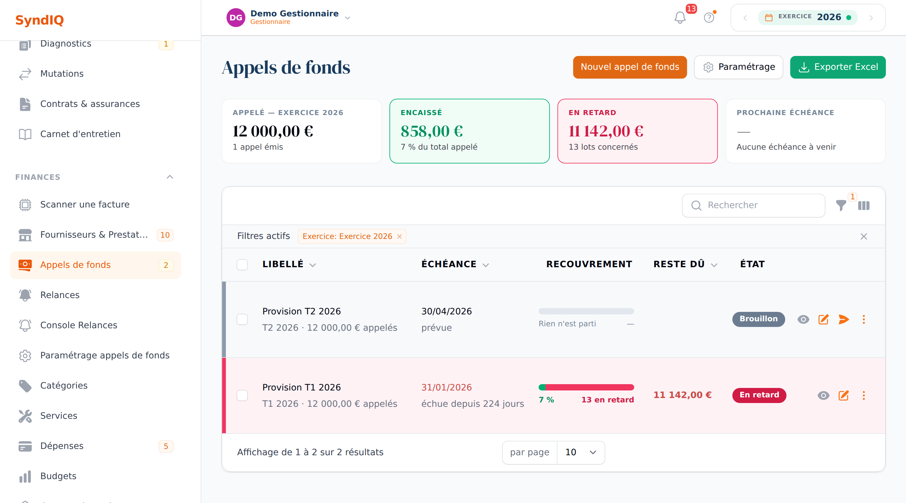 Écran des appels de fonds de SyndIQ : montant appelé, encaissé, en retard, et l'état de chaque appel