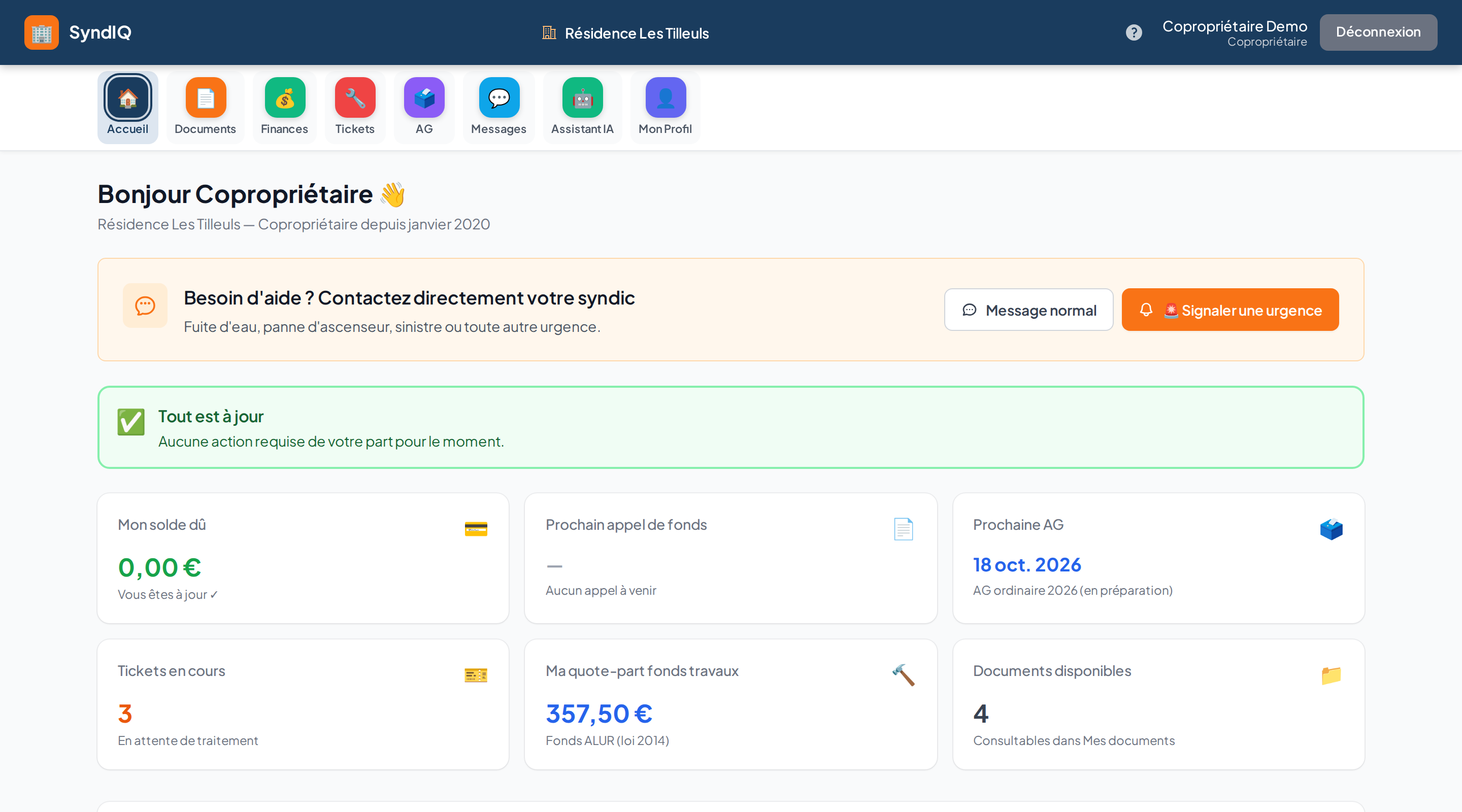 Espace copropriétaire sur ordinateur : solde à jour, prochain appel de fonds, prochaine AG, tickets en cours, documents disponibles