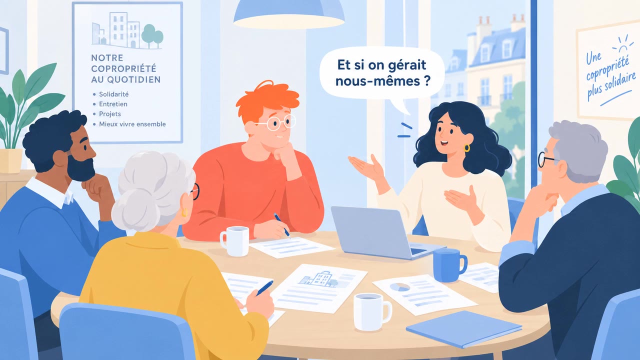 Des copropriétaires réunis autour d'une table ; l'une d'eux demande : et si on gérait nous-mêmes ?